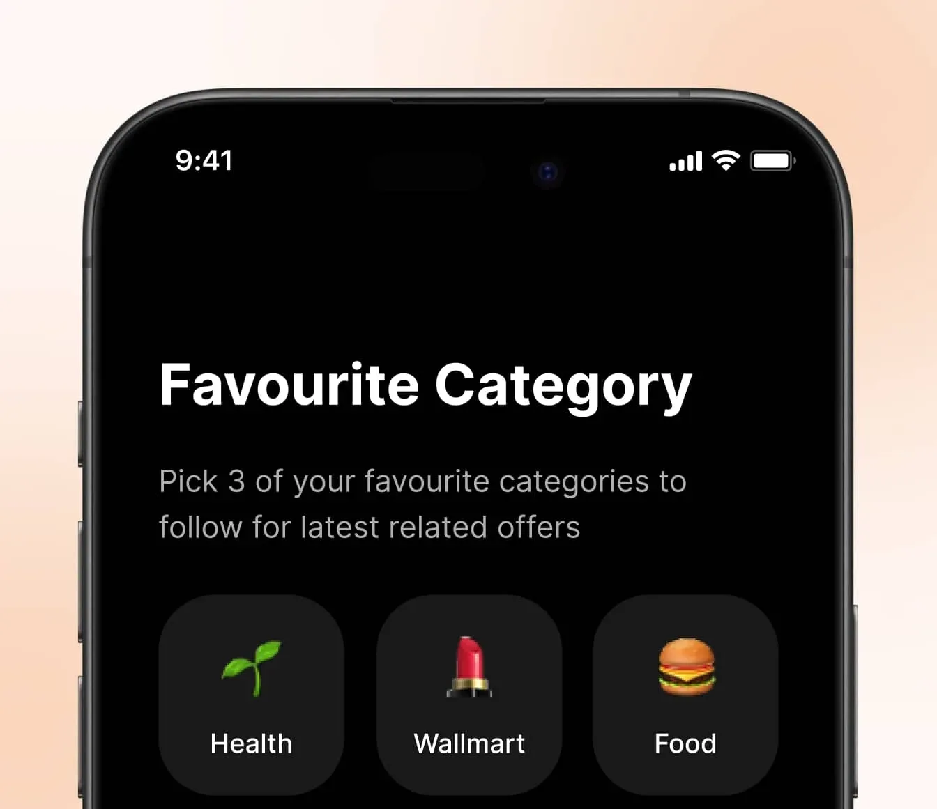 The Anyday App Favorite Category screen where users choose 3 categories from options like Food, Health and Walmart