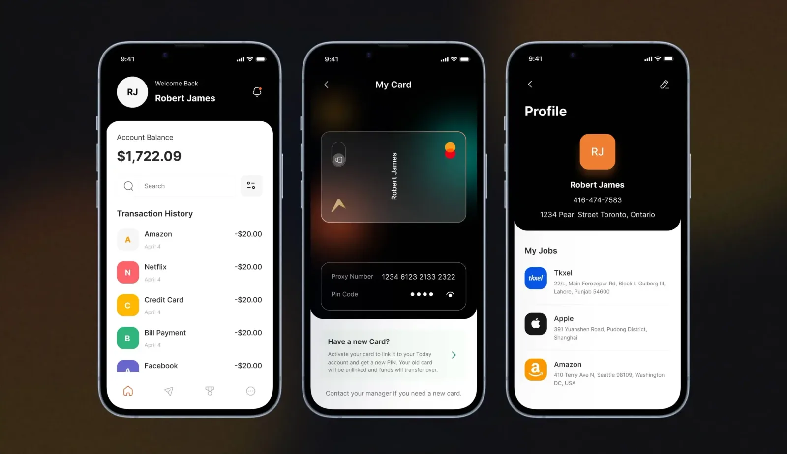 Three Anyday App phone views: the Anyday card, a my jobs profile, and the balance above past transactions