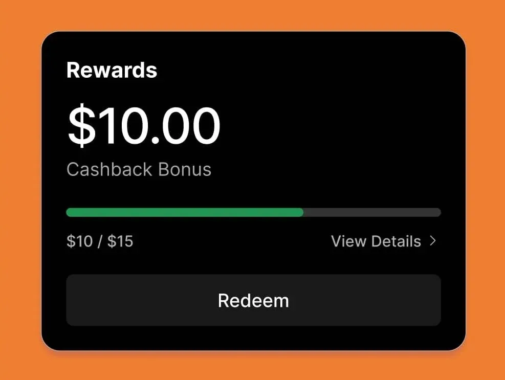 Anyday App cashback card: $10.00 bonus, progress reading $10 of $15, and a button to redeem