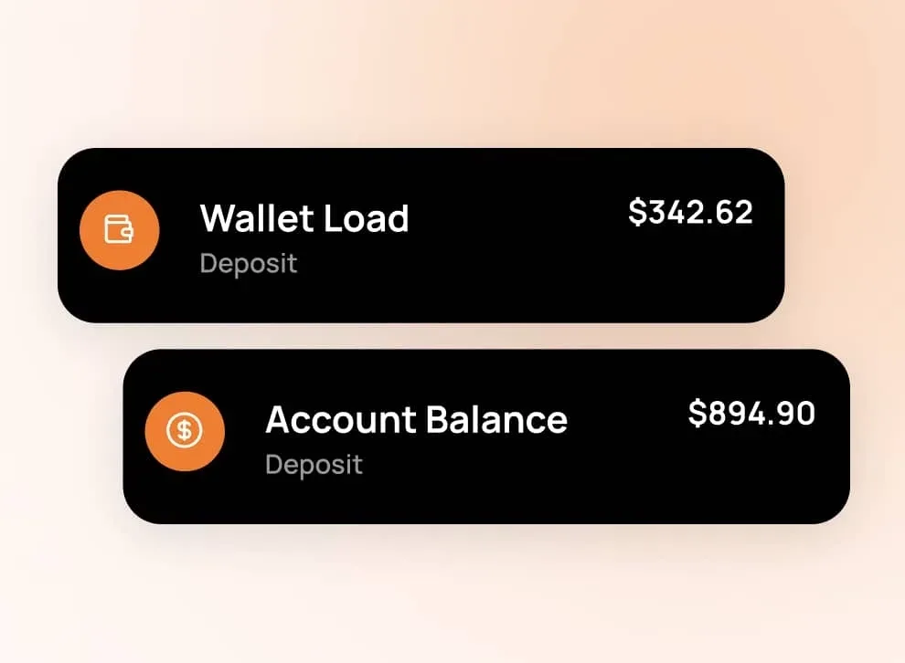 Anyday App cards with a $342.62 wallet load deposit and a $894.90 account balance