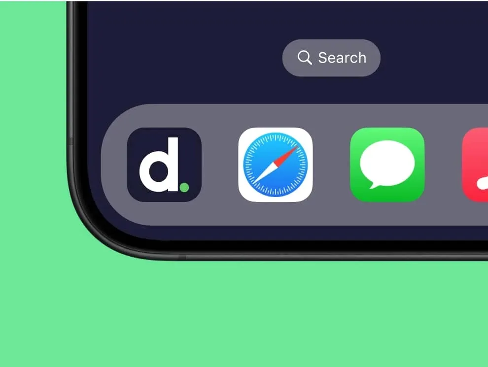 The Digno app icon in a phone dock next to Messages and Safari