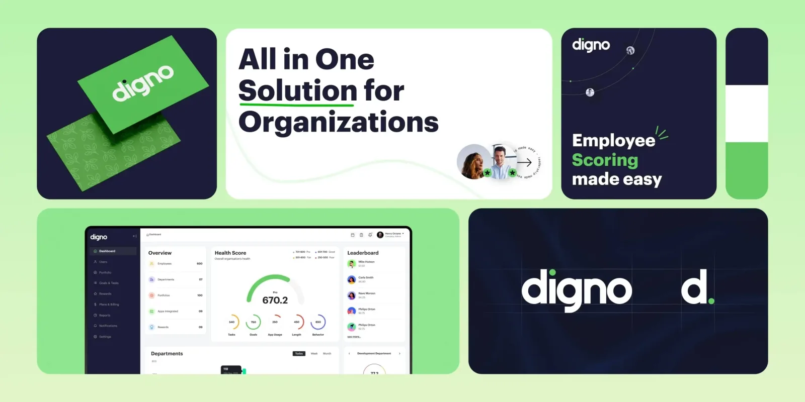 Digno brand assets: business cards, the logo, and two promo cards titled Employee Scoring made easy and All in One Solution for Organizations