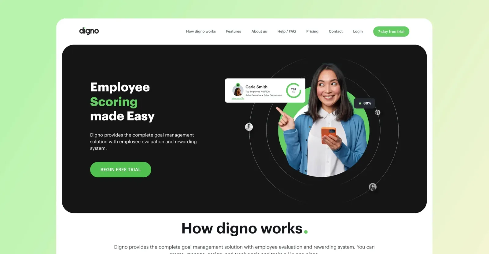 Digno homepage headline Employee Scoring made Easy, followed by a How Digno works block