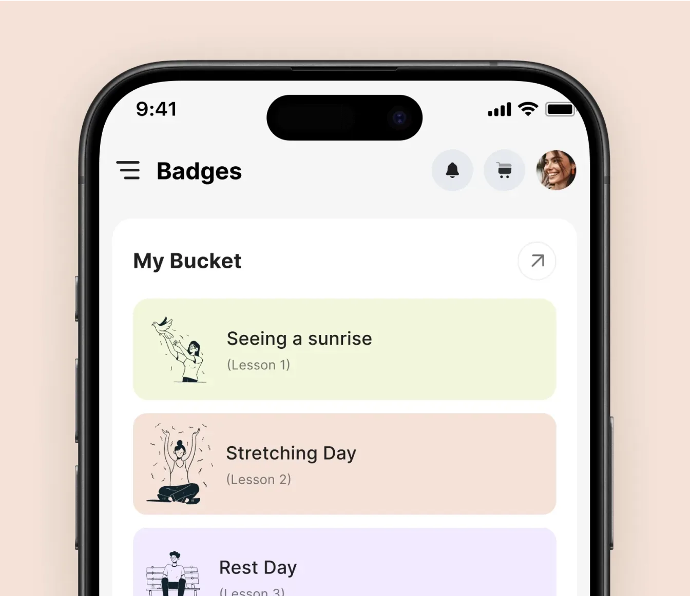 The Badges screen on mobile, listing bucket-list items such as seeing a sunrise, a stretching day and a rest day