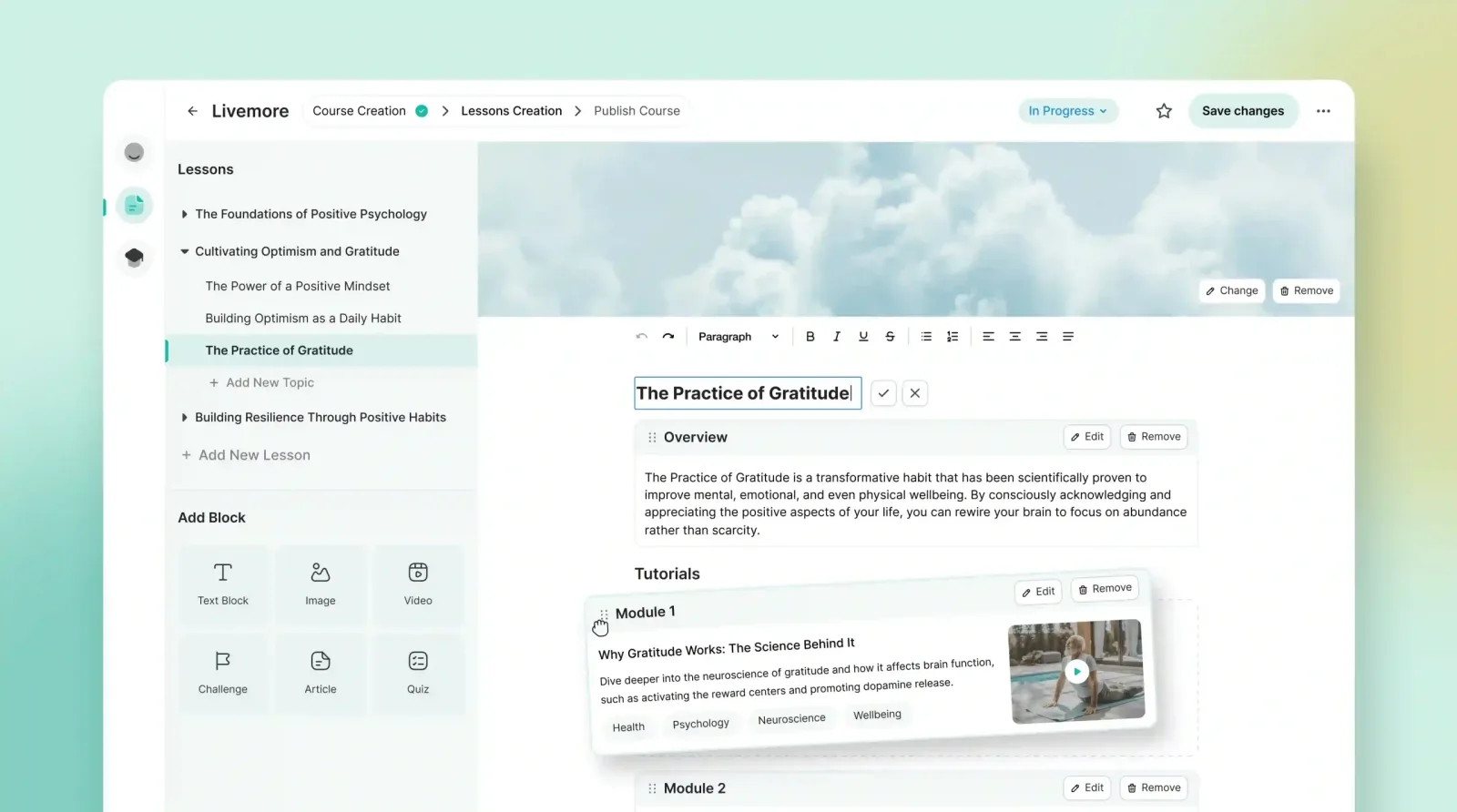 The desktop course builder, listing Live More lessons beside the overview for The Practice of Gratitude
