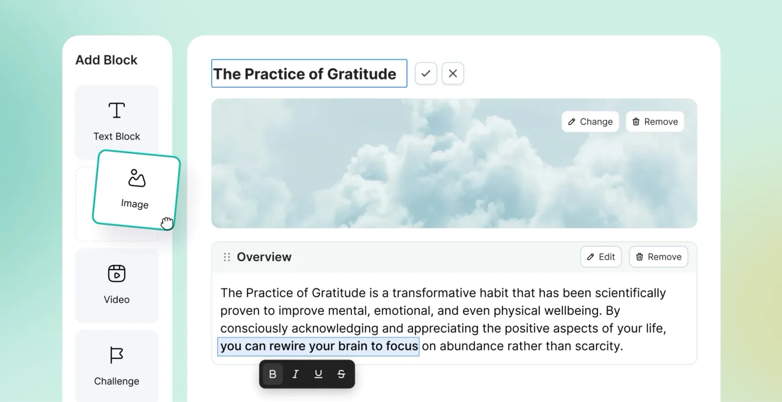 The lesson editor showing an Add Block menu and a lesson titled The Practice of Gratitude