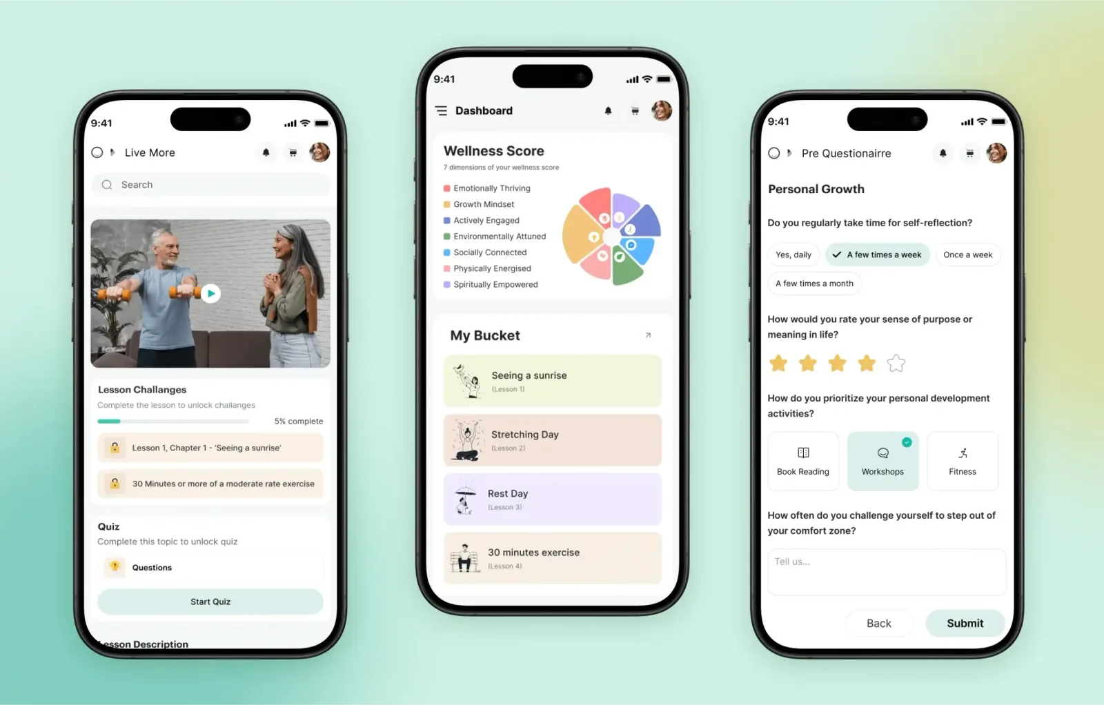 Three phone screens: a lesson with its challenges, the wellness score view and a personal growth questionnaire