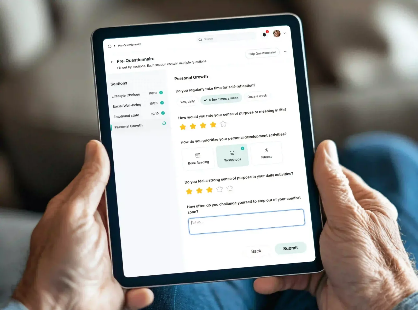 A senior learner using a tablet to answer the personal growth pre-questionnaire