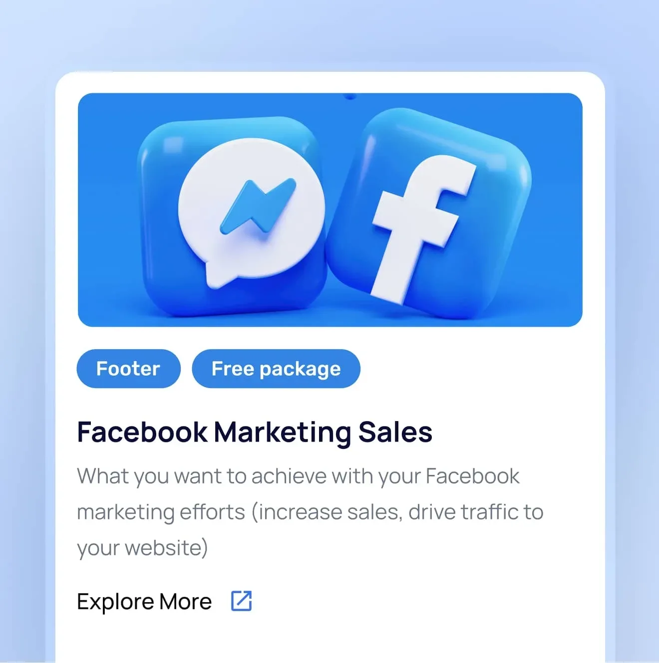 An MMC offer card titled Facebook Marketing Sales, tagged Footer and Free package, with an Explore More link