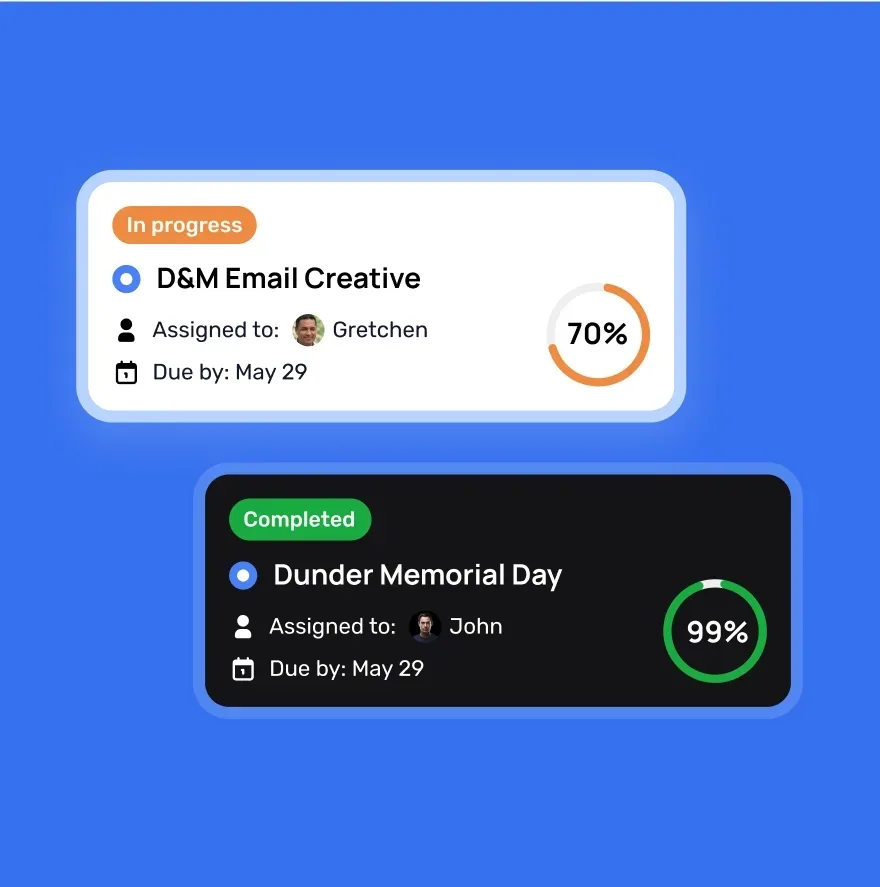 Two MMC cards: D&M Email Creative at 70% in progress and Dunder Memorial Day at 99% completed