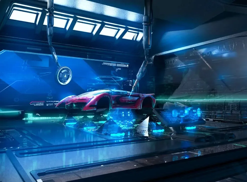 A Nitro League 3D garage concept with a red car on an assembly platform beneath robot arms