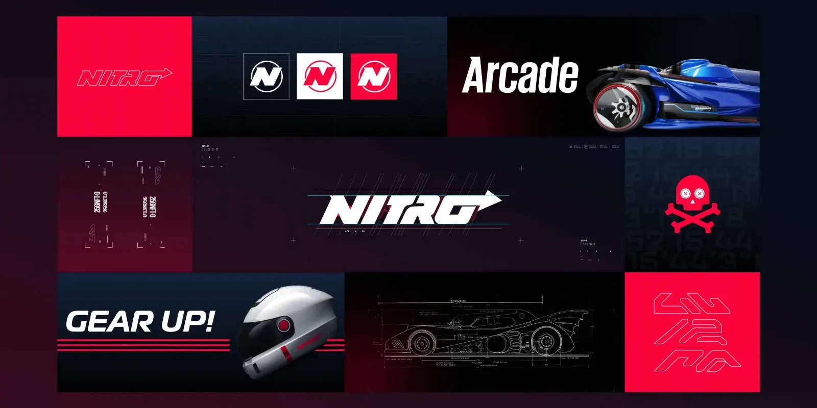 Nitro League brand assets: the logo, the N monogram, arcade art and racing gear