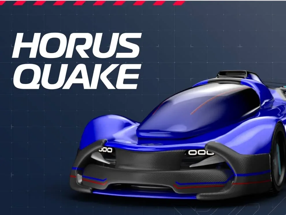 The Horus Quake, a blue race car designed for Nitro League