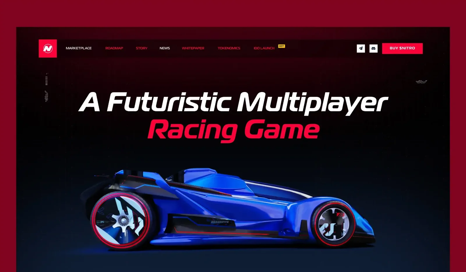 The Nitro League website hero reading "A Futuristic Multiplayer Racing Game" beside a blue race car