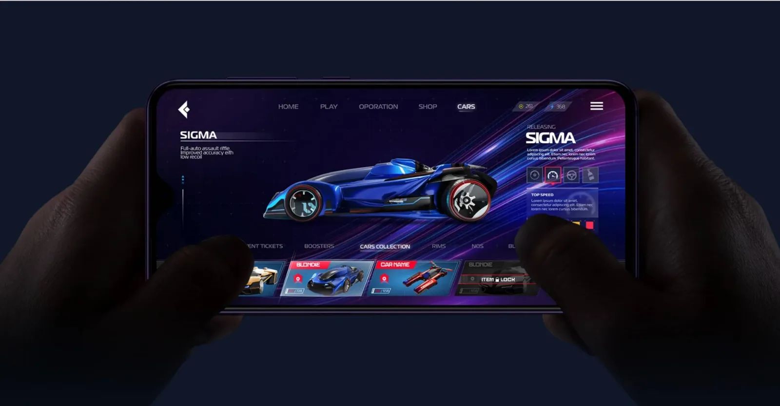 The Nitro League garage on mobile, with the Sigma car, its top speed and the full cars collection