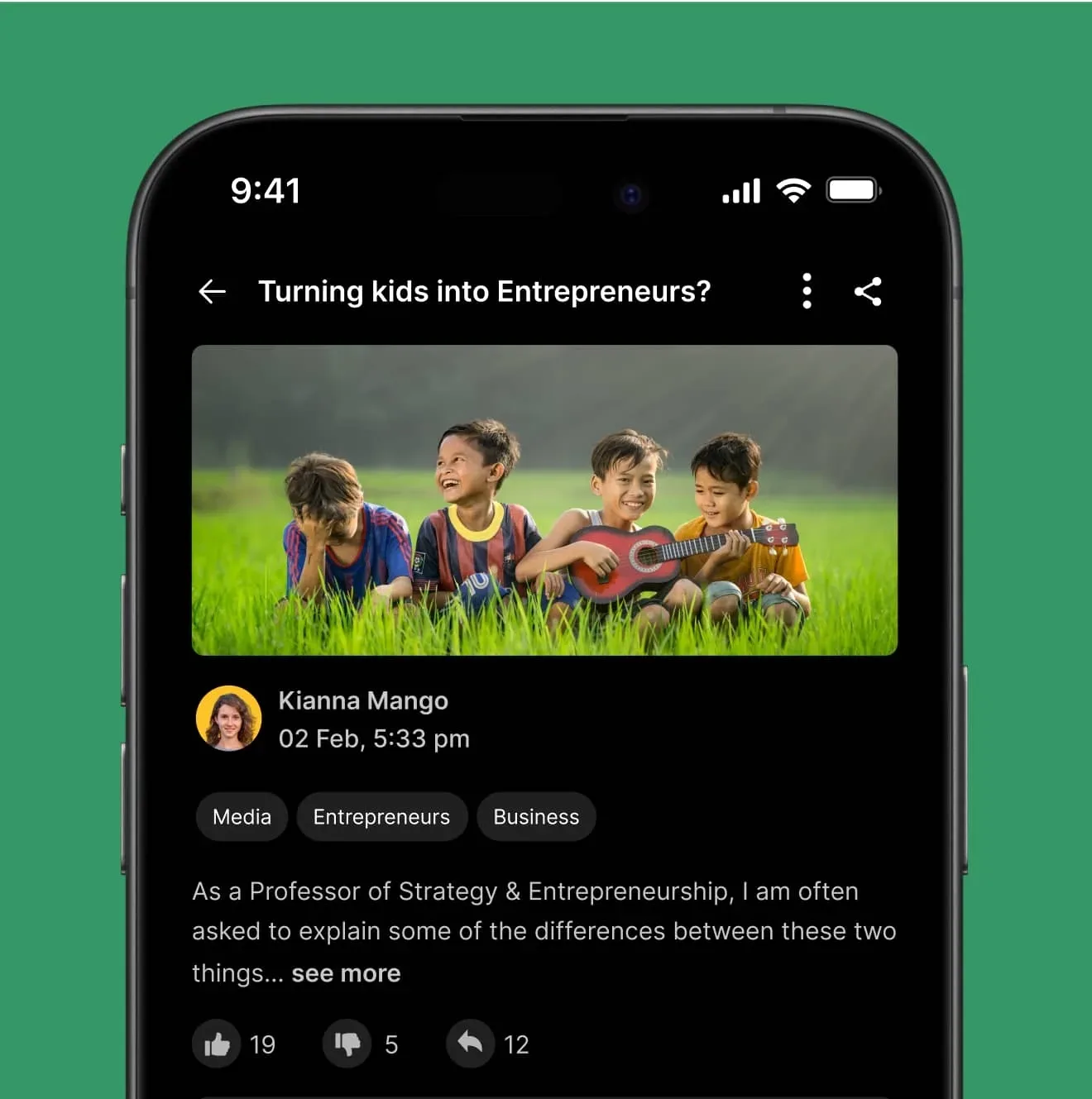 Parents Connect mobile article "Turning kids into Entrepreneurs?" with tags and reactions