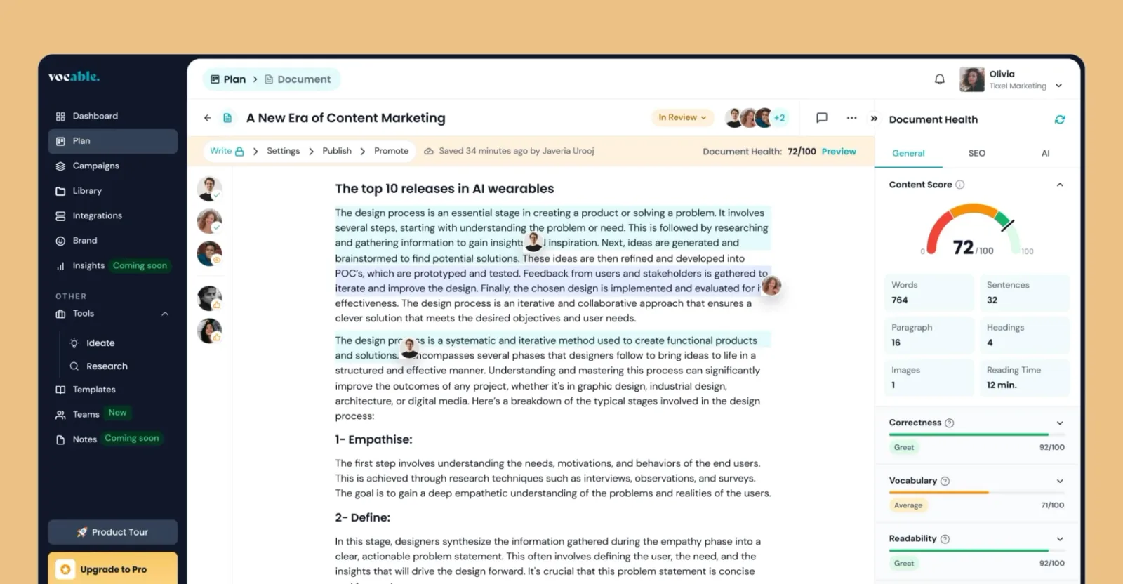 The Vocable editor showing an AI wearables draft, the faces of teammates editing it, and a health panel that scores the document at 72