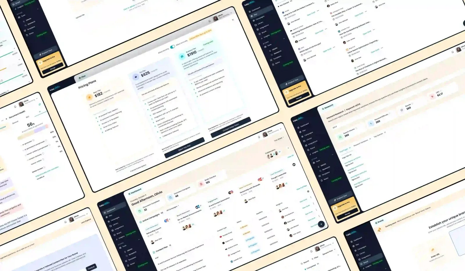 A set of Vocable desktop screens covering the dashboard, campaigns, content plan and the scored editor