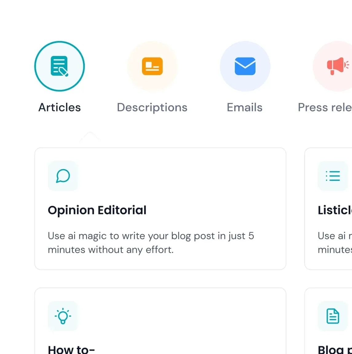 The Vocable template library showing How-to, Listicle and Opinion Editorial cards beneath tabs for Emails, Press release, Articles and Descriptions